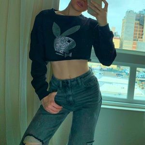 Playboy Rhinestone Logo Black Cropped Sweater